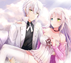 Rule 34 | 10s, 1boy, 1girl, bad id, bad pixiv id, blue eyes, breasts, carrying, green eyes, heterochromia, isana yashiro, k-project, large breasts, long hair, neko (k-project), princess carry, short hair, silver hair, tailam, thighhighs, yellow eyes