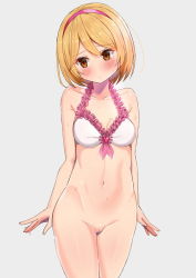 Rule 34 | 1girl, arms at sides, bikini, bikini top only, blonde hair, blush, bottomless, breasts, brown eyes, cleft of venus, djeeta (granblue fantasy), embarrassed, female focus, frilled bikini, frills, granblue fantasy, grey background, hair ornament, hairband, looking away, looking to the side, medium breasts, navel, pussy, s sasaki 09140, short hair, simple background, solo, standing, swimsuit, uncensored, wet