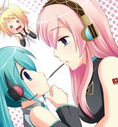 Rule 34 | 3girls, :o, aqua hair, bare shoulders, black detached sleeves, blonde hair, blue eyes, blush, breasts, collared shirt, couple, detached sleeves, dutch angle, eye contact, female focus, food, hair ornament, hairclip, halftone, hatsune miku, headphones, headset, highres, kagamine rin, large breasts, long hair, looking at another, mashiro yuki, megurine luka, mouth hold, multiple girls, o o, open mouth, pink hair, pocky, pocky kiss, shared food, shirt, short hair, sleeveless, sleeveless shirt, sleeveless turtleneck, surprised, tattoo, turtleneck, upper body, vocaloid, yuri