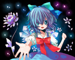 Rule 34 | 1girl, bad id, bad pixiv id, blue hair, cirno, dress, female focus, flower, gradient background, himaki, plant, ribbon, shoot the bullet, short hair, solo, touhou, wings