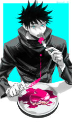 Rule 34 | 1boy, black jacket, blue background, blue eyes, commentary request, eating, food, fork, fushiguro megumi, heart, high collar, jacket, jujutsu kaisen, jujutsu tech uniform, looking at viewer, male focus, norimaki 108, open mouth, plate, simple background, sitting, solo, teeth, upper body