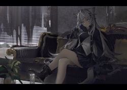 Rule 34 | 1girl, animal ears, arknights, bare legs, black coat, black dress, black footwear, black gloves, blue eyes, boots, closed mouth, coat, couch, cross, dress, gloves, grey hair, hand on own cheek, hand on own face, highres, indoors, knee boots, lappland (arknights), lappland (refined horrormare) (arknights), liangban xiexu, long hair, long sleeves, looking at viewer, official alternate costume, on couch, open clothes, open coat, pillow, scar, scar across eye, scar on face, solo, tail, vase, very long hair, wolf ears, wolf girl, wolf tail
