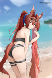 Rule 34 | 1girl, absurdres, alternate costume, animal ears, artist name, ass, baozouyeguai, bare shoulders, bikini, black bikini, blurry, blurry background, blush, breasts, commentary, cowboy shot, daiwa scarlet (umamusume), eyewear on head, hair between eyes, hair intakes, hair ornament, highres, horse ears, horse girl, horse tail, large breasts, long hair, looking at viewer, looking back, ocean, red eyes, red hair, sand, solo, sunglasses, swimsuit, tail, thigh strap, thighs, twintails, umamusume, very long hair, water
