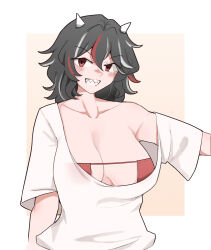 Rule 34 | 1girl, alternate costume, arm behind back, black hair, blush, bra, breasts, cleavage, cone horns, grin, hair between eyes, highres, horns, kijin seija, large breasts, long hair, looking at viewer, mata (matasoup), messy hair, multicolored hair, off shoulder, outstretched arm, red bra, red eyes, red hair, sharp teeth, shirt, slit pupils, smile, solo, streaked hair, teeth, touhou, underwear, upper body, white hair, white shirt