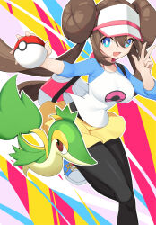 Rule 34 | 1girl, :d, aqua eyes, black pantyhose, breasts, bright pupils, brown hair, commentary request, creatures (company), double bun, doughnut hair bun, game freak, gen 5 pokemon, hair bun, highres, holding, holding poke ball, large breasts, long hair, medium breasts, nintendo, open mouth, outline, pantyhose, pantyhose under shorts, poke ball, poke ball (basic), pokemon, pokemon (creature), pokemon bw2, raglan sleeves, rosa (pokemon), rx7649, short shorts, shorts, smile, snivy, twintails, visor cap, w, white pupils, yellow shorts