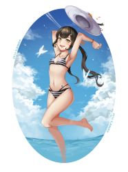 Rule 34 | 10s, 1girl, 2016, absurdres, aliceblue, arms up, bad id, bad pixiv id, bikini, black hair, blush, brown hair, cloud, day, flower, green eyes, hair ornament, hairclip, hat, hat flower, highres, jumping, layered bikini, long hair, looking at viewer, ocean, ponytail, smile, solo, striped bikini, striped clothes, summer, sun hat, swimsuit, tattoo, very long hair, water