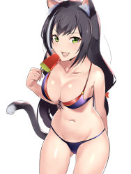 Rule 34 | 1girl, :d, akire (akireru shoujo), animal ear fluff, animal ears, arm behind back, bare arms, bare shoulders, bikini, black bikini, black hair, blush, breasts, cat ears, cat girl, cat tail, cleavage, collarbone, cowboy shot, food, gluteal fold, green eyes, highres, holding, holding food, karyl (princess connect!), long hair, looking at viewer, medium breasts, multicolored hair, navel, open mouth, popsicle, princess connect!, simple background, smile, solo, stomach, streaked hair, swimsuit, tail, very long hair, watermelon bar, white background, white hair