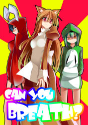 Rule 34 | 3girls, animal ears, apron, bare legs, black claws, black hair, brown dress, brown hair, character request, cinnamon (hatena), commentary, commentary request, copyright request, dog ears, dog girl, dress, english text, gradient hair, green hair, green hood, green hoodie, hands in pockets, hood, hoodie, horns, kwami, long hair, looking at viewer, multicolored hair, multiple girls, orange eyes, personification, pochadon, rainbow gradient, rainbow text, red eyes, red hood, red hoodie, shaded face, short hair, smile, smirk, sunburst, sunburst background, white apron