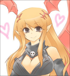 Rule 34 | 1girl, bare shoulders, black eyes, breasts, cleavage, demon girl, female focus, heart, long hair, looking at viewer, lord of vermilion, orange hair, pointy ears, single wing, skull, smile, solo, demon girl, succubus (lord of vermilion), upper body, white background, wings