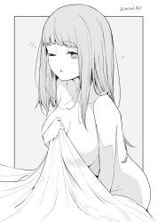 Rule 34 | 1girl, blunt bangs, breasts, collarbone, cover, grey background, greyscale, kichihachi, large breasts, long hair, looking at viewer, monochrome, nude, one eye closed, original, simple background, sitting, sleepy, solo, tears, twitter username, two-tone background, white background