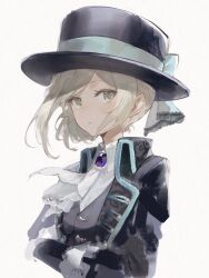 Rule 34 | 1girl, :&lt;, ascot, black coat, black hat, black vest, blue bow, boater hat, bow, coat, collared shirt, floating hair, grey eyes, grey hair, hair bun, hat, hat bow, highres, long sleeves, looking at viewer, looking to the side, reverse:1999, shirt, short hair, single side bun, solo, takummui, upper body, vertin (reverse:1999), vest, waistcoat, white ascot, white background, white shirt