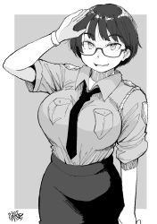 Rule 34 | 1girl, arm at side, breasts, dated, glasses, greyscale, hadashi no kenji, highres, large breasts, looking at viewer, monochrome, necktie, original, pencil skirt, pocket, police, police uniform, policewoman, salute, short hair, short sleeves, skirt, smile, solo, standing, uniform, wrist cuffs