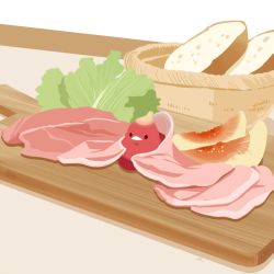 Rule 34 | artist name, basket, bird, bread, chai (drawingchisanne), cutting board, food, food focus, lettuce, nectarine, no humans, original, sliced meat, undersized animal, white background