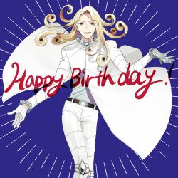 Rule 34 | 1boy, absurdres, belt, blonde hair, blue background, blue eyes, coat, curly hair, funny valentine, gloves, happy birthday, highres, jojo no kimyou na bouken, long hair, long sleeves, looking at viewer, male focus, open mouth, pants, solo, steel ball run, yashio kurenai