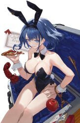 Rule 34 | 1girl, absurdres, animal ears, apple, artist request, blue eyes, blue hair, blush, breasts, cigarette, cigarette pack, cuffs, fake animal ears, food, fruit, hand on own hip, handcuffs, highres, hololive, hololive english, large breasts, leotard, ouro kronii, pizza, pizza slice, playboy bunny, ribbon, rope, smile, source request, suitcase, virtual youtuber