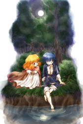 Rule 34 | 1boy, 1girl, barefoot, blue hair, cape, dress, closed eyes, fire emblem, fire emblem: genealogy of the holy war, forest, full moon, hugging own legs, in water, lana (fire emblem), long hair, moon, nature, night, nintendo, open mouth, orange hair, red-50869, seliph (fire emblem), short hair, sitting, smile, tree