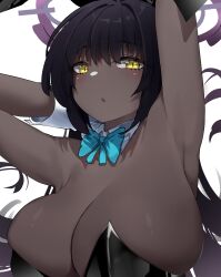 Rule 34 | 1girl, absurdres, animal ears, aqua bow, aqua bowtie, armpits, arms up, bare shoulders, black hair, black leotard, blue archive, bow, bowtie, breasts, cleavage, collar, dark-skinned female, dark skin, detached collar, fake animal ears, firewpood, halo, highres, karin (blue archive), karin (bunny) (blue archive), large breasts, leotard, light blush, long hair, looking at viewer, parted lips, playboy bunny, purple halo, rabbit ears, simple background, slit pupils, solo, upper body, white background, white collar, white wrist cuffs, wrist cuffs, yellow eyes