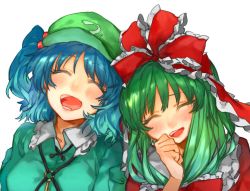 Rule 34 | 2girls, :d, ^ ^, aqua jacket, blue hair, blush, breasts, cabbie hat, clenched hand, closed eyes, collarbone, commentary request, dress, facing viewer, frilled ribbon, frilled shirt collar, frills, green eyes, green hat, hair bobbles, hair ornament, hair ribbon, hand up, hat, head tilt, jacket, kagiyama hina, kawashiro nitori, key, long hair, medium breasts, multiple girls, open mouth, pocket, red dress, red ribbon, ribbon, shidaccc, short hair, simple background, smile, tears, touhou, two side up, upper body, white background, wing collar
