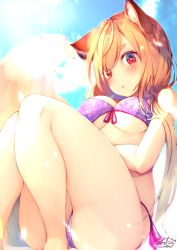 Rule 34 | 1girl, :o, animal ear fluff, animal ears, backlighting, bikini, blue sky, blurry, blurry background, blush, breasts, brown hair, chita (ketchup), cleavage, cloud, commentary request, day, depth of field, feet out of frame, fox ears, fox girl, fox tail, front-tie bikini top, front-tie top, hair over one eye, highres, knees up, large breasts, looking at viewer, original, outdoors, parted lips, purple bikini, red eyes, short eyebrows, side-tie bikini bottom, sitting, sky, solo, swimsuit, tail, tail raised, thick eyebrows