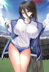 Rule 34 | 1girl, black hair, black wings, blue archive, blush, breasts, buruma, cleavage, closed mouth, collarbone, feathered wings, hair between eyes, halo, hasumi (blue archive), hasumi (track) (blue archive), highres, jacket, large breasts, long hair, looking at viewer, mole, mole under eye, outdoors, red eyes, slit pupils, solo, tina (tinafya), wings