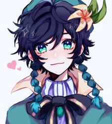 Rule 34 | 1boy, absurdres, androgynous, bad id, bad twitter id, bbadtime, beret, black hair, blue eyes, blue hair, bow, braid, brooch, cape, closed mouth, collared cape, collared shirt, commentary, english commentary, flower, genshin impact, gradient hair, green eyes, green hat, hair flower, hair ornament, hat, heart, highres, jewelry, leaf, looking at viewer, male focus, multicolored hair, shirt, short hair with long locks, simple background, smile, solo, sparkle, twin braids, venti (genshin impact), white background, white flower, white shirt
