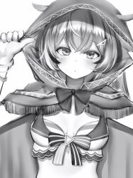 Rule 34 | 1girl, absurdres, breasts, cape, crossed bangs, greyscale, hair between eyes, hair ornament, hairclip, hands on headwear, highres, hololive, hololive english, hood, hood up, hooded cape, light blush, looking at viewer, medium breasts, monochrome, nanashi (nlo), nanashi mumei, simple background, solo, upper body, virtual youtuber