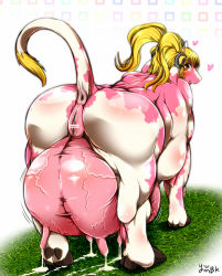 Rule 34 | artist request, ass, blonde hair, breasts, censored, cow, crotchboobs, furry, horns, lactation, long hair, nipples, ponytail, pussy, red eyes, udder
