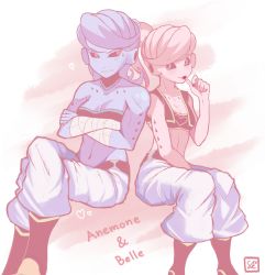 Rule 34 | 2girls, black sclera, blue skin, borrowed character, breasts, candy, cleavage, colored sclera, colored skin, crossed arms, dragon ball, dragon ball xenoverse, dragonball z, female majin, food, highres, licking, lollipop, majin (race), midriff, monster girl, multiple girls, navel, pink skin, sally (luna-arts), sitting, stomach, tentacle hair, vest, wrist wrap
