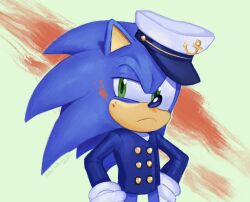 Rule 34 | 1boy, commentary, english commentary, fake blood, furry, furry male, gloves, green eyes, hat, hedgehog, hedgehog ears, highres, male focus, natalie haines, sailor hat, sonic (series), sonic the hedgehog, the murder of sonic the hedgehog, white gloves, white hat