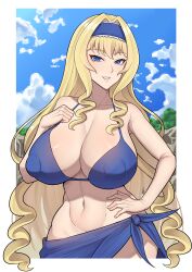 Rule 34 | 1girl, absurdres, band-width, bikini, blonde hair, blue eyes, blue headband, blue sarong, blue sky, breasts, cecilia alcott, cleavage, cloud, collarbone, commission, covered erect nipples, hair intakes, hand on own hip, headband, highres, infinite stratos, large breasts, linea alba, long hair, navel, sarong, sky, smile, solo, stomach, swimsuit