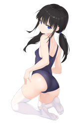 Rule 34 | 1girl, absurdres, ass, avant garde (artist), bad id, bad pixiv id, black hair, blue eyes, blue one-piece swimsuit, breasts, feet, from behind, full body, highres, kneeling, legs, long hair, looking back, one-piece swimsuit, original, school swimsuit, see-through, simple background, small breasts, soles, solo, swimsuit, thighhighs, thighs, toes, twintails, white background, white thighhighs