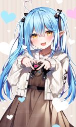 Rule 34 | 1girl, :d, ahoge, black ribbon, blue hair, blush, brown background, brown dress, commentary request, dress, fingernails, hair between eyes, hair ribbon, hazakura chikori, heart, heart background, highres, hololive, long hair, long sleeves, looking at viewer, open mouth, pointy ears, ribbon, smile, solo, striped, teeth, twintails, upper teeth only, vertical stripes, virtual youtuber, yellow eyes, yukihana lamy, yukihana lamy (casual)