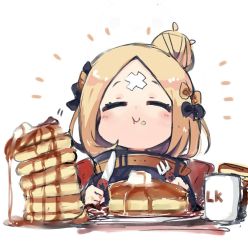 Rule 34 | abigail williams (fate), abigail williams (traveling outfit) (fate), black jacket, butter, chibi, cup, eating, closed eyes, fate/grand order, fate (series), food, foodgasm, fork, hair bun, jacket, knife, mug, official alternate costume, pancake, pancake stack, single hair bun, solo, sukima (crie), syrup, upper body
