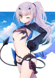 Rule 34 | 1girl, bikini, black bikini, breasts, fate/grand order, fate (series), forked eyebrows, high ponytail, highres, long hair, long sleeves, looking at viewer, melusine (fate), melusine (swimsuit ruler) (fate), melusine (swimsuit ruler) (first ascension) (fate), navel, one eye closed, sidelocks, small breasts, smile, solo, swimsuit, tail, thighlet, white hair, yamuimo, yellow eyes