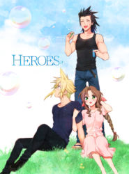 Rule 34 | 1girl, 2boys, aerith gainsborough, alternate costume, bad id, bad pixiv id, bare arms, black hair, black pants, blonde hair, blue shirt, blush, braid, braided ponytail, breasts, bubble, blowing bubbles, casual, closed eyes, cloud, cloud strife, cloudy sky, denim, dress, earrings, english text, facial scar, final fantasy, final fantasy vii, final fantasy vii remake, foot out of frame, grass, green eyes, hair between eyes, hair ribbon, hair slicked back, hand in own hair, holding another&#039;s arm, jeans, jewelry, krudears, long hair, looking to the side, medium breasts, medium hair, multiple boys, open mouth, outdoors, pants, parted bangs, pink dress, pink ribbon, ribbon, sandals, scar, scar on cheek, scar on face, shirt, short hair, short sleeves, sidelocks, single earring, sitting, sky, spiked hair, square enix, standing, t-shirt, tank top, wavy hair, zack fair
