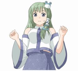 Rule 34 | 1girl, animated, animated gif, bad id, bad pixiv id, bare shoulders, blush, bouncing breasts, breasts, closed eyes, detached sleeves, emofuri, frog hair ornament, green eyes, green hair, hair ornament, hair tubes, head tilt, houraijin, kochiya sanae, long hair, looking at viewer, matching hair/eyes, md5 mismatch, open mouth, simple background, smile, snake hair ornament, solo, sweatdrop, touhou, ugoira, upper body, white background