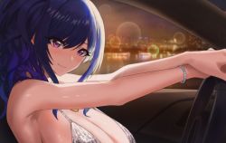 Rule 34 | 1girl, absurdres, azur lane, blue hair, bracelet, breasts, car interior, cityscape, dress, evening gown, from side, highres, huge breasts, jewelry, looking at viewer, official alternate costume, pearl bracelet, purple eyes, revealing clothes, st. louis (azur lane), st. louis (luxurious wheels) (azur lane), steering wheel, upper body, user wwzr4427