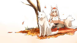 Rule 34 | 1girl, animal ears, autumn leaves, bare tree, black skirt, breasts, detached sleeves, eyebrows, hand on lap, hat, inubashiri momiji, long skirt, looking at viewer, pom pom (clothes), red eyes, red skirt, ribbon-trimmed clothes, ribbon-trimmed sleeves, ribbon trim, rock, simple background, sitting, skirt, sleeveless, smile, solo, tokin hat, touhou, tree, turtleneck, white background, wind, wolf, wolf ears, zzzzzzzzzzzzzzp