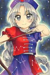 Rule 34 | 1girl, arrow (projectile), blouse, blue shirt, blue skirt, bow (weapon), braid, closed mouth, collared shirt, commentary request, constellation, constellation print, cross, frilled sleeves, frills, grey eyes, grey hair, hat, highres, long hair, long skirt, maa (forsythia1729), marker (medium), multicolored clothes, multicolored shirt, multicolored skirt, nurse, nurse cap, parted bangs, puffy short sleeves, puffy sleeves, red cross, red shirt, red skirt, shirt, short sleeves, single braid, skirt, touhou, traditional media, very long hair, weapon, yagokoro eirin