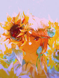Rule 34 | 1girl, absurdres, alternate hairstyle, artist name, chef hat, earrings, feather earrings, feathers, flower, hair behind ear, hair flower, hair ornament, hat, highres, hololive, hololive english, huge filesize, jewelry, looking up, mini hat, one eye covered, orange hair, ponytail, red eyes, smile, solo, sorrowny, sunflower, takanashi kiara, virtual youtuber