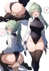 Rule 34 | 1boy, 1girl, :d, ^ ^, ass, athletic leotard, black leotard, black thighhighs, blush, breasts, closed eyes, closed mouth, commentary, covered navel, cunnilingus, de lacey (neural cloud), english commentary, girls&#039; frontline neural cloud, green hair, heart, hetero, highres, jacket, large breasts, leotard, lividy, long hair, multiple views, open clothes, open jacket, open mouth, oral, ponytail, sitting, sitting on face, sitting on person, smile, spoken blush, spoken heart, standing, sweat, thighhighs, thighs, white jacket