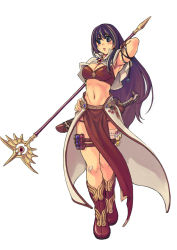 Rule 34 | 1girl, armpits, bandaid, bandaid on knee, bandaid on leg, boots, breasts, cleavage, full body, hand on own hip, long loincloth, mage (ragnarok online), midriff, mil (xration), pelvic curtain, purple hair, ragnarok online, sheath, sheathed, simple background, solo, staff, sword, weapon, white background