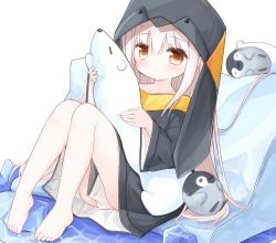 Rule 34 | 1girl, animal hood, bare legs, barefoot, bird, black jacket, blush, brown eyes, bunny girl (yuuhagi (amaretto-no-natsu)), closed mouth, commentary request, holding, holding stuffed toy, hood, hood up, hooded jacket, jacket, knees up, long hair, long sleeves, original, penguin, penguin hood, pillow, simple background, sitting, solo, stuffed animal, stuffed seal, stuffed toy, two-sided fabric, two-sided skirt, very long hair, white background, white hair, wide sleeves, yuuhagi (amaretto-no-natsu)