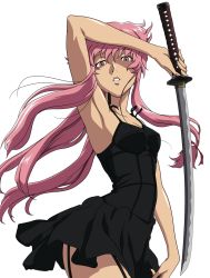 Rule 34 | 1girl, armpits, artist request, black dress, breasts, dress, gasai yuno, highres, katana, long hair, looking at viewer, medium breasts, mirai nikki, parted lips, pink eyes, pink hair, solo, sword, transparent background, weapon