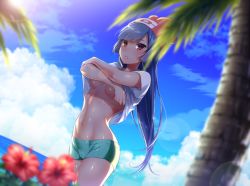 Rule 34 | 10s, 1girl, :o, alternate color, armpit peek, beanie, blue sky, blurry, blush, breasts, clothes lift, cloud, cosplay, cowboy shot, creatures (company), crossed arms, dark-skinned female, dark skin, day, depth of field, flower, game freak, green shorts, hat, hibiscus, hizuki akira, horizon, long hair, looking at viewer, medium breasts, midriff, navel, nintendo, outdoors, palm tree, parted lips, plant, pokemon, pokemon rgby, pokemon sm, purple hair, red eyes, red hat, sabrina (pokemon), selene (pokemon), selene (pokemon) (cosplay), shiny skin, shirt lift, shorts, simple background, sky, solo, stomach, tan, tree, tsurime, underboob, undressing, water, white background
