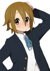 Rule 34 | 1girl, absurdres, arm up, blazer, blue jacket, blue ribbon, blush, brown eyes, brown hair, closed mouth, commentary request, hair between eyes, hair down, hand on own head, highres, jacket, k-on!, kicchi (tmgk), looking at viewer, neck ribbon, open clothes, open jacket, ribbon, sakuragaoka high school uniform, school uniform, shirt, short hair, simple background, solo, sweatdrop, tainaka ritsu, white background, white shirt