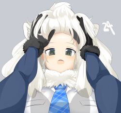 Rule 34 | 2girls, animal ear fluff, animal ears, black gloves, blue necktie, blush, breasts, commentary request, female pov, fur-trimmed sleeves, fur collar, fur trim, gloves, grey eyes, grey shirt, hair lift, highres, kemono friends, large breasts, lets0020, lion ears, lion girl, long hair, looking at viewer, multiple girls, necktie, numbered, open mouth, plaid necktie, pov, pov hands, shirt, silver fox (kemono friends), simple background, solo focus, upper body, white hair, white lion (kemono friends)