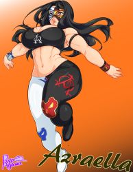 Rule 34 | 1girl, abs, agawa ryou, artist name, azraella, bad id, bad tumblr id, black hair, blue eyes, borrowed character, breasts, character name, heterochromia, huge breasts, lips, luchador, luchador mask, midriff, muscular, original, pants, red eyes, solo, tank top, thick thighs, thighs, wrestling outfit, wristband