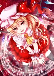 Rule 34 | 1girl, ascot, bad id, bad pixiv id, blonde hair, dress, fangs, female focus, flandre scarlet, hat, highres, magic circle, md5 mismatch, nunucco, open mouth, red dress, red eyes, short hair, side ponytail, sitting, slit pupils, solo, star (symbol), embodiment of scarlet devil, thighhighs, tongue, tongue out, touhou, v arms, wings, wrist cuffs, wristband, zettai ryouiki