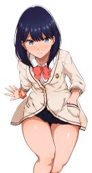 Rule 34 | 10s, 1girl, black hair, black skirt, blue eyes, blush, bow, breasts, buttons, closed mouth, gridman universe, hand in pocket, highres, hip focus, long hair, long sleeves, looking at viewer, pink neckwear, pleated skirt, school uniform, scrunchie, simple background, sitting, skirt, small breasts, solo, ssss.gridman, sweater, takarada rikka, thighs, tokiwa midori (kyokutou funamushi), white background, white sweater, wrist scrunchie